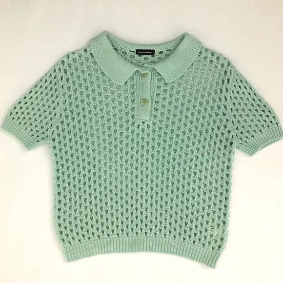 American Apparel Open Weave Knit Crop Tennis Shirt Sweater Top Seafoam Mint - M - Picture 5 of 8